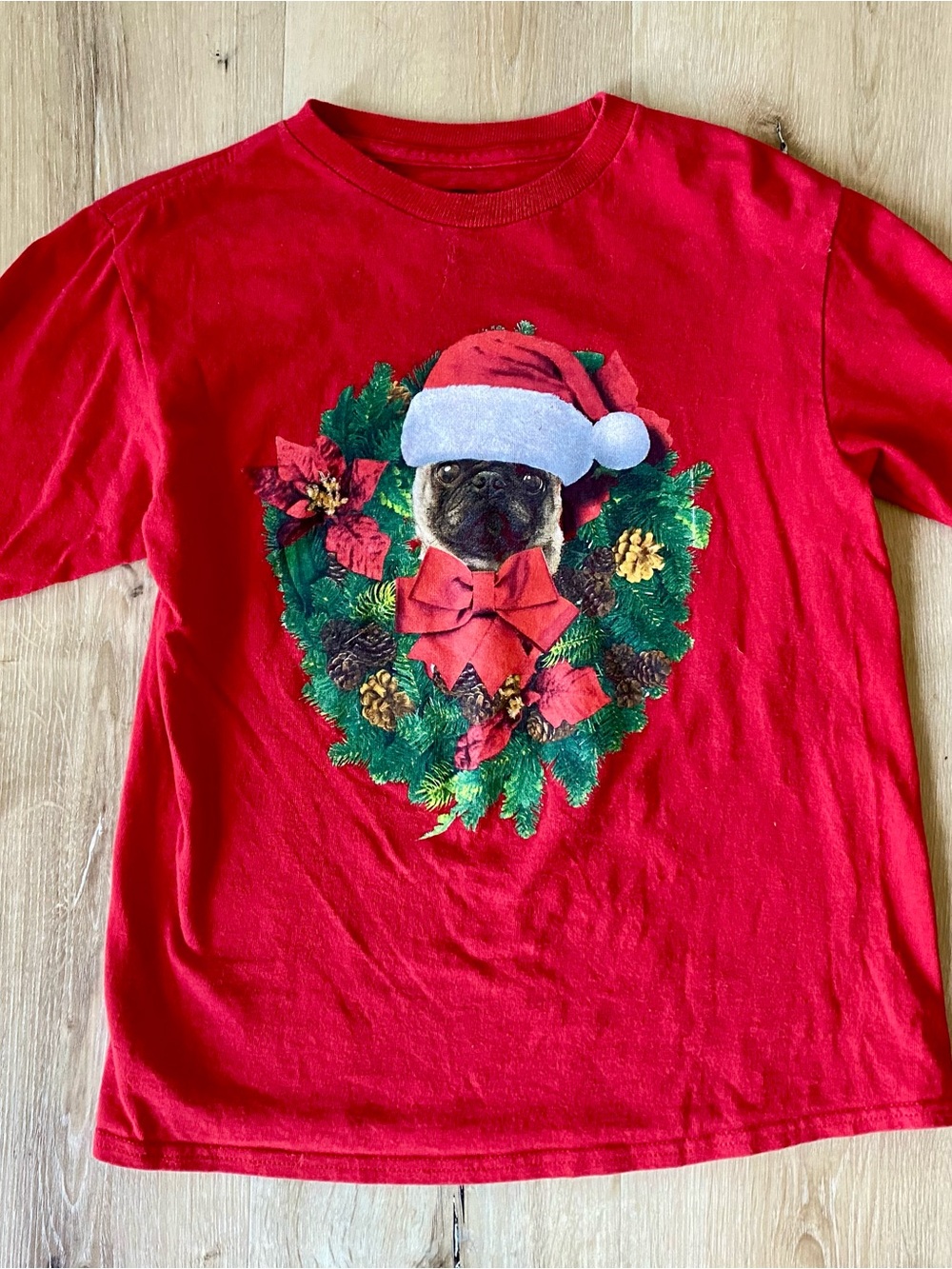 Fifth Sun Kids Red Holiday Santa Pug Wreath Graphic Long sleeve Tee Unisex